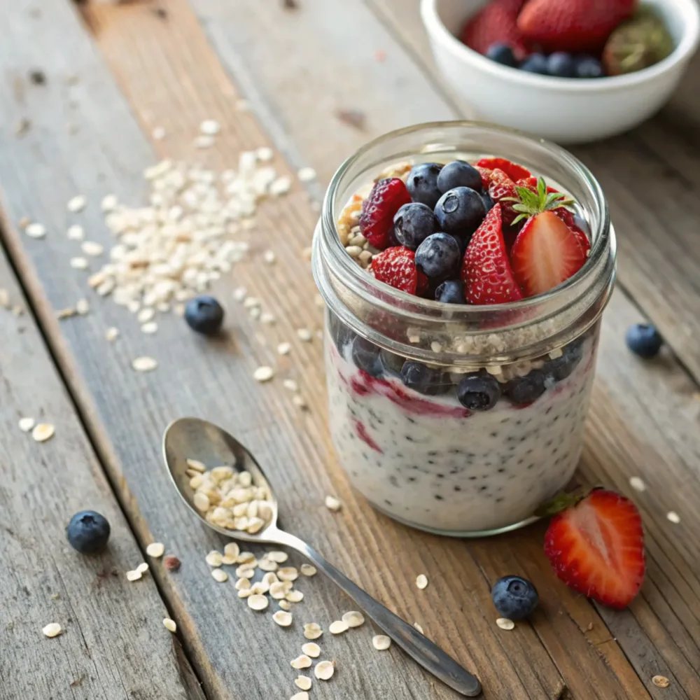 Custom toppings for overnight oats with berries and chia seeds.