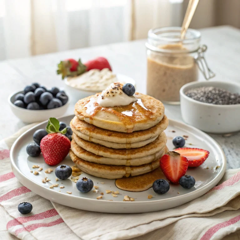 A stack of fluffy golden-brown protein pancakes topped with fresh blueberries, sliced strawberries, and a drizzle of maple syrup, served with a side of Greek yogurt and almond butter on a white plate in a cozy kitchen setting.