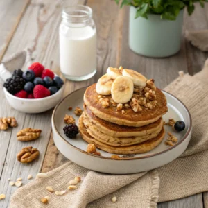 Healthy banana Protein Pancakes with Berries and Granola