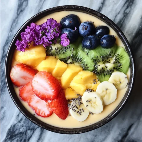 Colorful Tropical Smoothie Bowls with Mango, Berries, Kiwi, and Banana