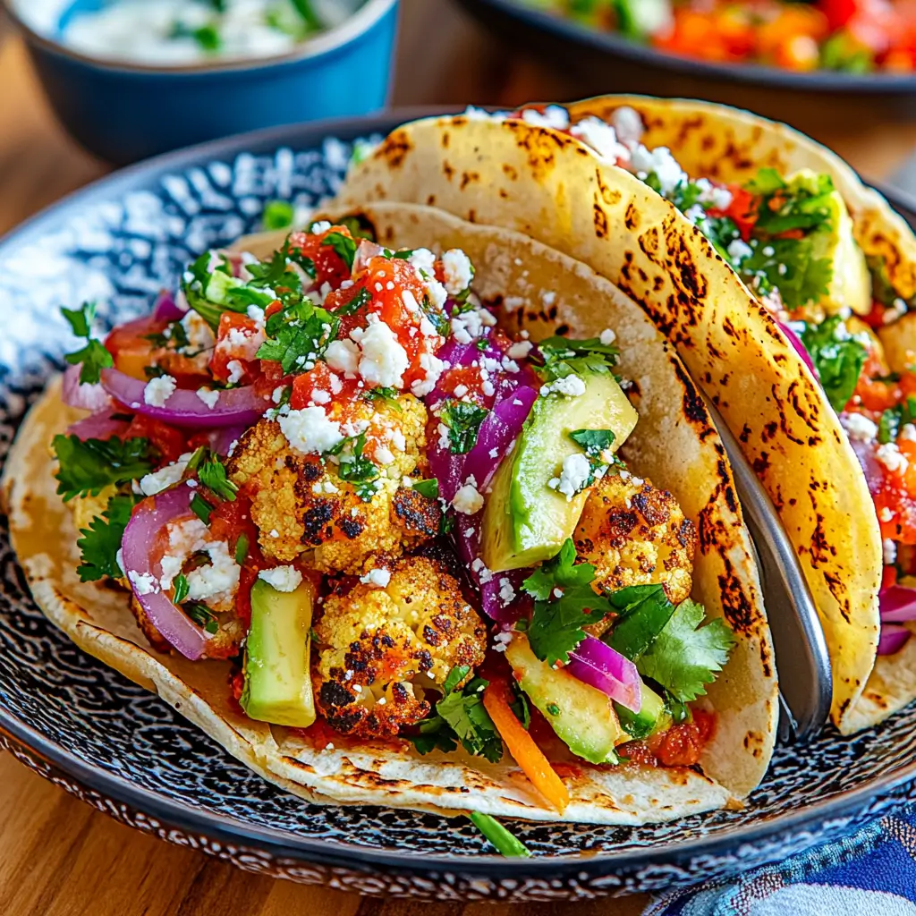 Two cauliflower tacos on a white plate, filled with roasted cauliflower, shredded red cabbage, julienned carrots, sliced radishes, and drizzled with creamy avocado sauce.