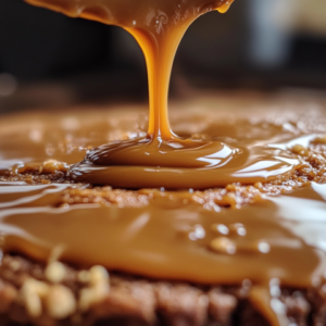 Drizzling caramel over a baked cookie crust for Knock You Naked Bars