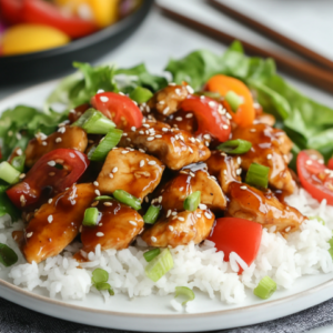 Chicken teriyaki stir fry served over rice with fresh green salad