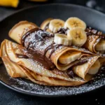 Banana crepes with fresh banana slices, chocolate drizzle, and powdered sugar on a black plate.