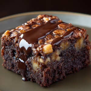 A rich and fudgy banana brownie with melted chocolate drizzled on top, showcasing a moist texture with banana pieces.