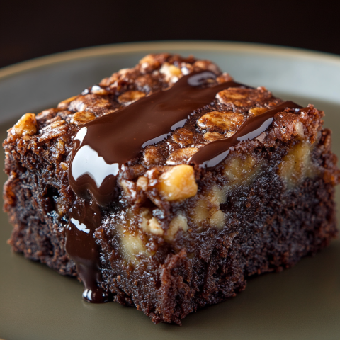 A rich and fudgy banana brownie with melted chocolate drizzled on top.