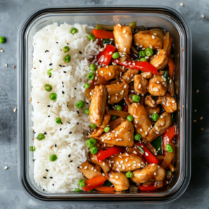 Leftover chicken teriyaki stir fry stored in an airtight container