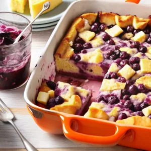 Slices of blueberry French toast casserole in a square baking dish, topped with blueberries and baked until golden brown.