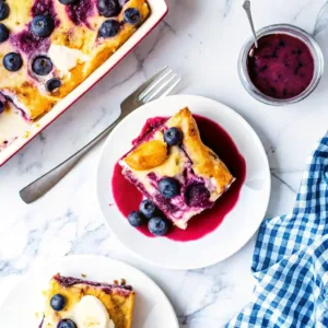 Slice of blueberry French toast casserole on a plate with berry compote, with the full casserole dish and a fork visible.