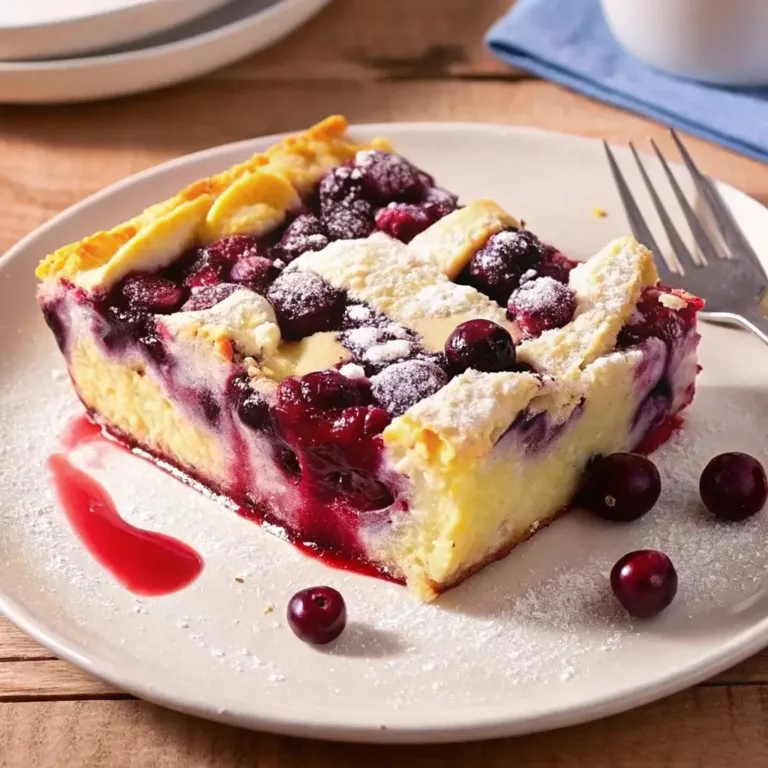 Delicious lemon blueberry French toast casserole, baked until golden brown and topped with fresh berries and powdered sugar.