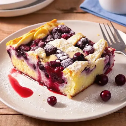 Delicious lemon blueberry French toast casserole, baked until golden brown and topped with fresh berries and powdered sugar.