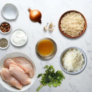 Ingredients for one-pan creamy parmesan chicken rice