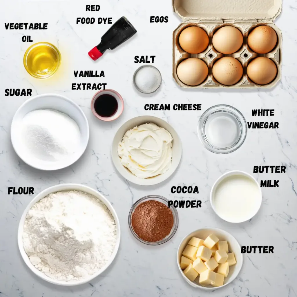 Ingredients for red velvet pound cake including butter, sugar, flour, cocoa powder, eggs, cream cheese, buttermilk, and red food dye