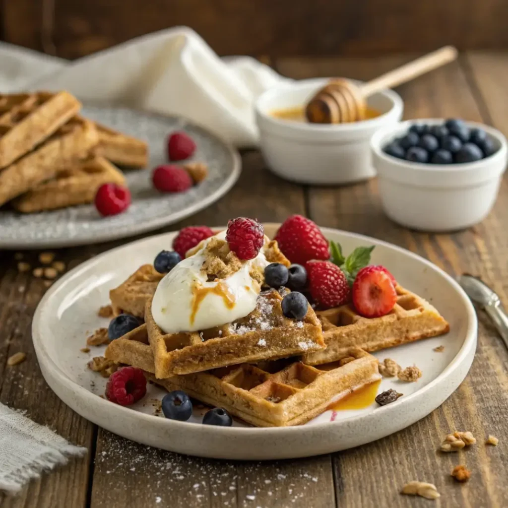 Banana oat waffles with Greek yogurt and berries.