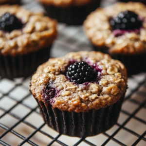 Freshly baked banana blackberry oatmeal muffins with a golden-brown oat topping and a juicy blackberry in the center, cooling on a wire rack.