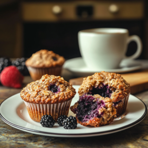 Fresh banana blackberry oatmeal muffins served with coffee.