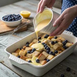 Hands pouring custard over a baking dish filled with bread cubes and blueberries to make a blueberry French toast casserole.