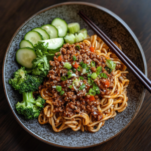 Mongolian Ground Beef Noodles with cucumber salad and broccoli