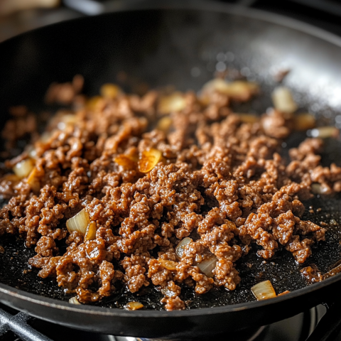 Ground beef cooking with garlic and ginger in a skillet as preparation for Mongolias Ground Beef Noodles
