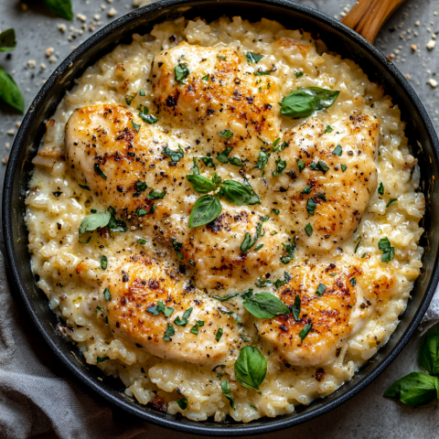 One-pan creamy parmesan chicken rice fresh from the skillet