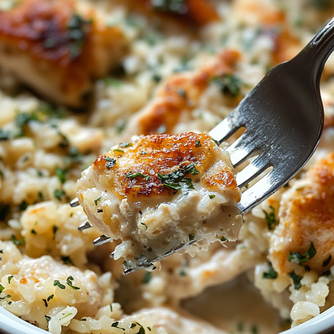 Fork holding a bite of creamy parmesan chicken rice topped with parsley