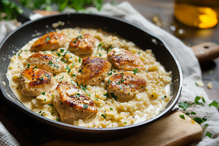 One-pan creamy parmesan chicken rice fresh from the skillet