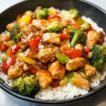 Chicken teriyaki stir fry with fresh vegetables and rice.