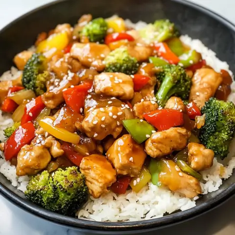 Chicken teriyaki stir fry with fresh vegetables and rice.