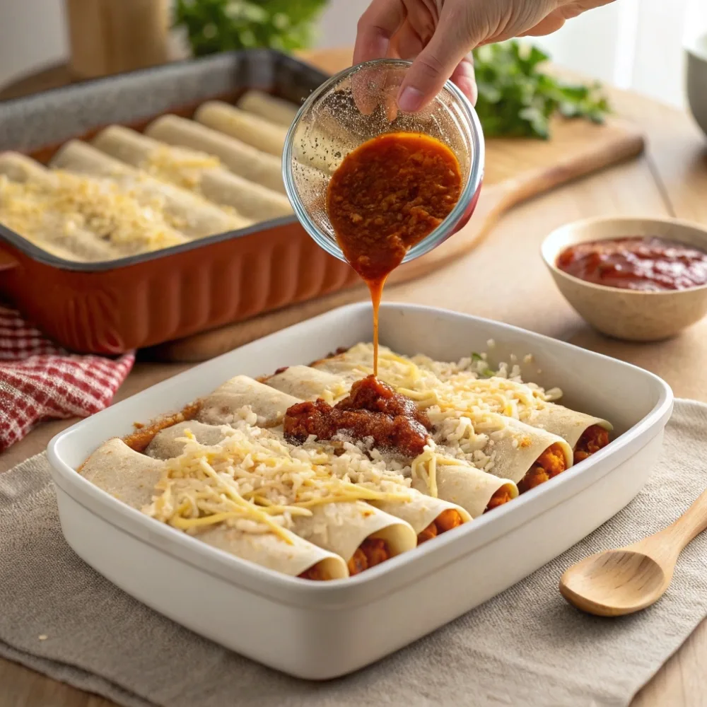 Preparing breakfast enchiladas with sauce and cheese before baking