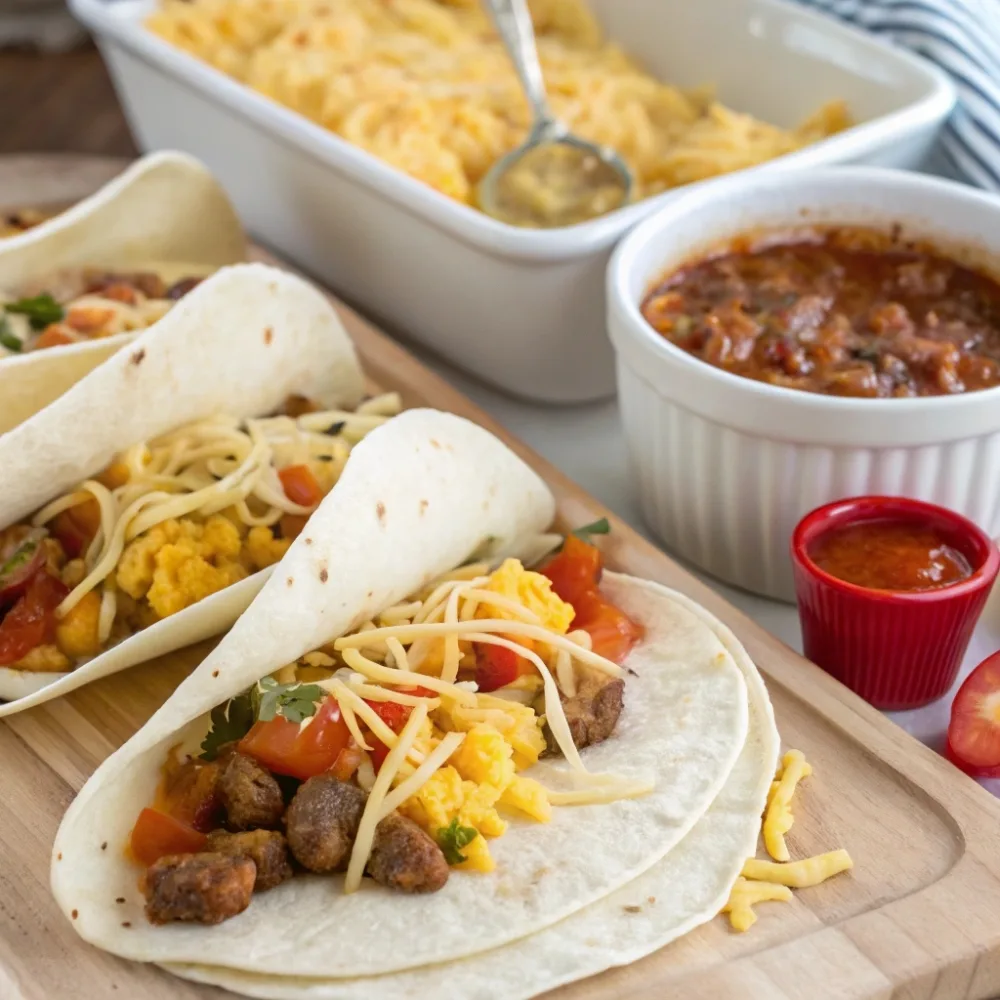 Filling tortillas with eggs, sausage, and cheese for breakfast enchiladas.