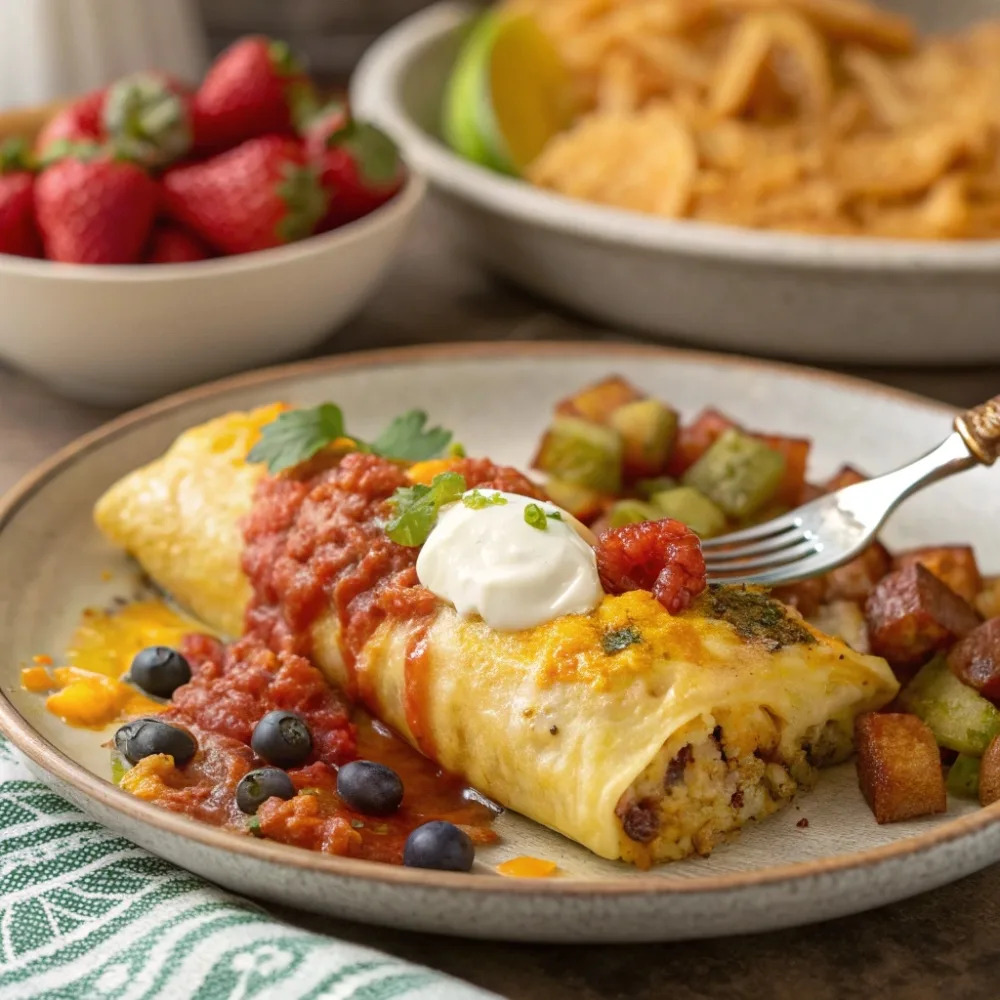 Breakfast enchiladas served with salsa and sour cream.