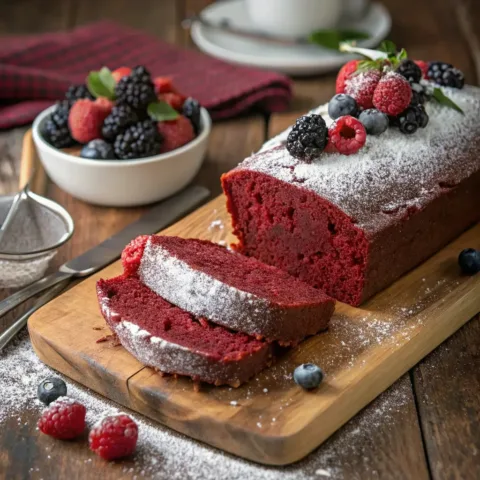 Red velvet pound cake close-up with fresh berries