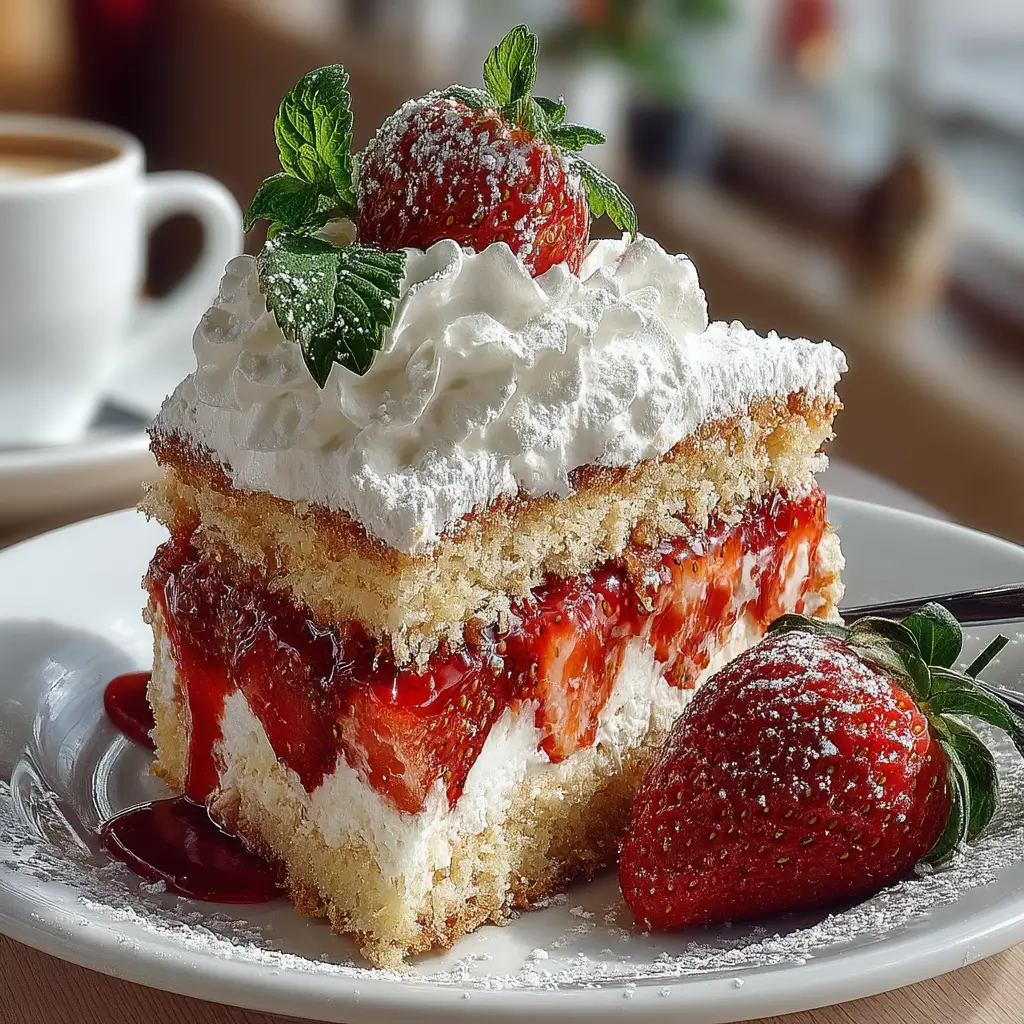A decadent slice of strawberry shortcake pound cake topped with whipped cream, fresh strawberries, and mint, served on a white plate with powdered sugar dusting.