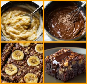 Step-by-step process of making banana brownies, from mashing bananas to mixing batter and the final baked brownies with banana slices and chocolate drizzle.