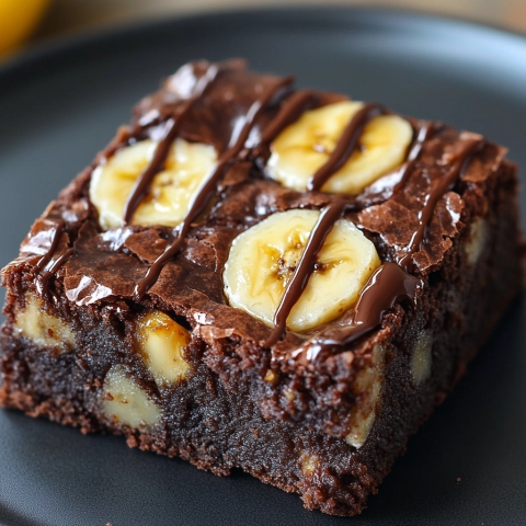 Fudgy banana brownie topped with sliced bananas and drizzled with melted chocolate.