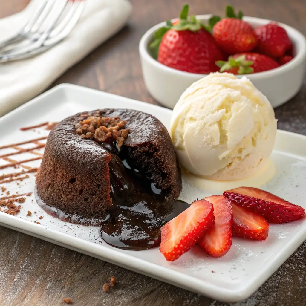 Mini lava cake with vanilla ice cream and strawberries