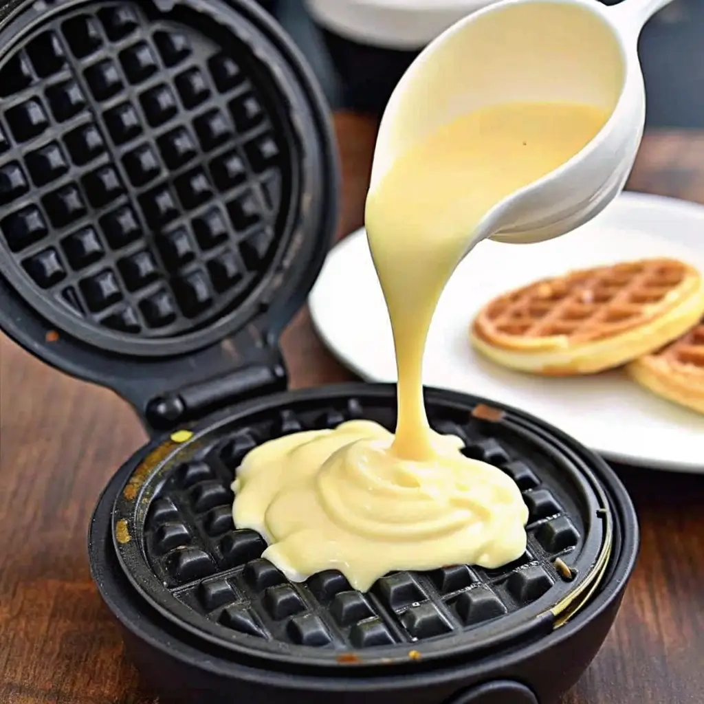 Pouring banana oat waffle batter into a waffle iron