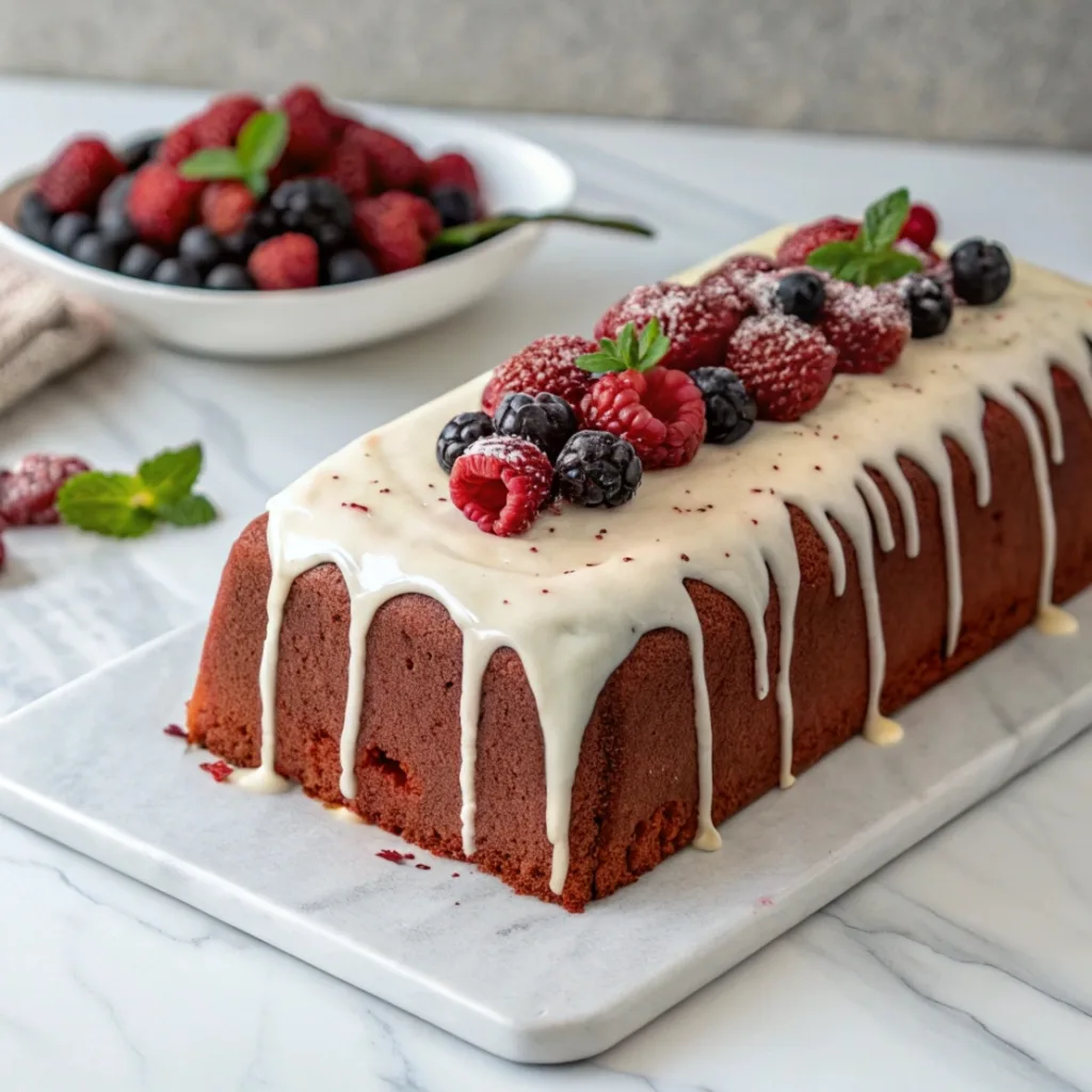 Decorated red velvet pound cake with cream cheese glaze