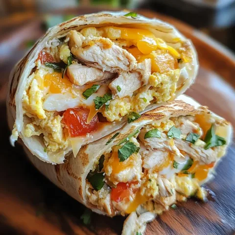 Freshly made chicken breakfast burrito with eggs, cheese, and chicken