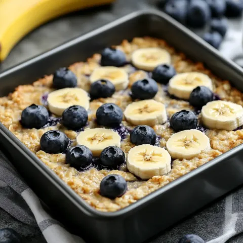 Protein baked oatmeal topped with blueberries and bananas