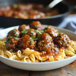 Salisbury steak meatballs served over egg noodles with rich gravy