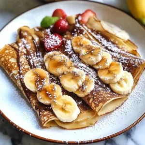 Banana crepes topped with fresh banana slices, strawberries, chocolate sauce, and powdered sugar.