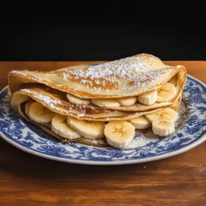 Banana crepes filled with fresh banana slices and dusted with powdered sugar.