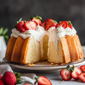 Strawberry shortcake pound cake in a bundt shape topped with whipped cream and fresh strawberries