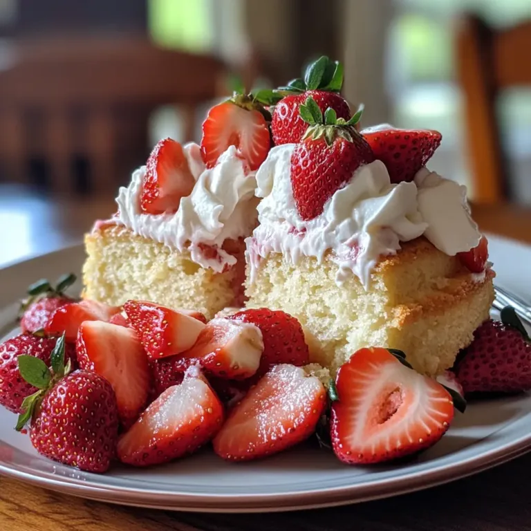 Freshly made strawberry shortcake pound cake topped with whipped cream and fresh strawberries