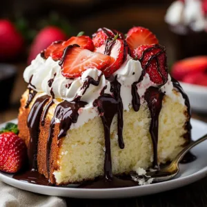 Strawberry shortcake pound cake topped with fresh strawberries, whipped cream, and rich chocolate drizzle