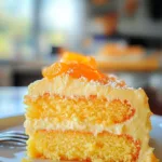 A slice of orange creamsicle cake with creamy frosting and fresh orange garnish.