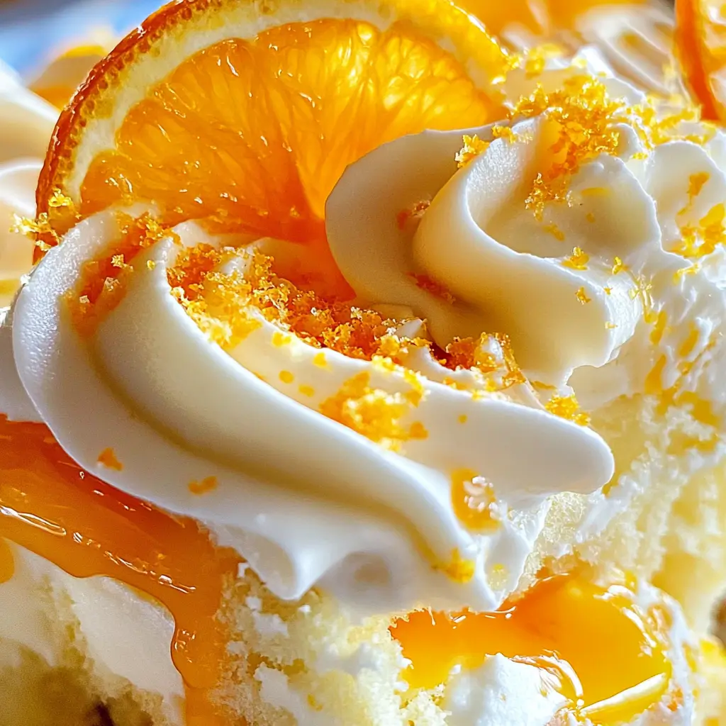 Close-up of a slice of orange creamsicle cake topped with swirls of vanilla frosting, orange zest, and a dried orange slice