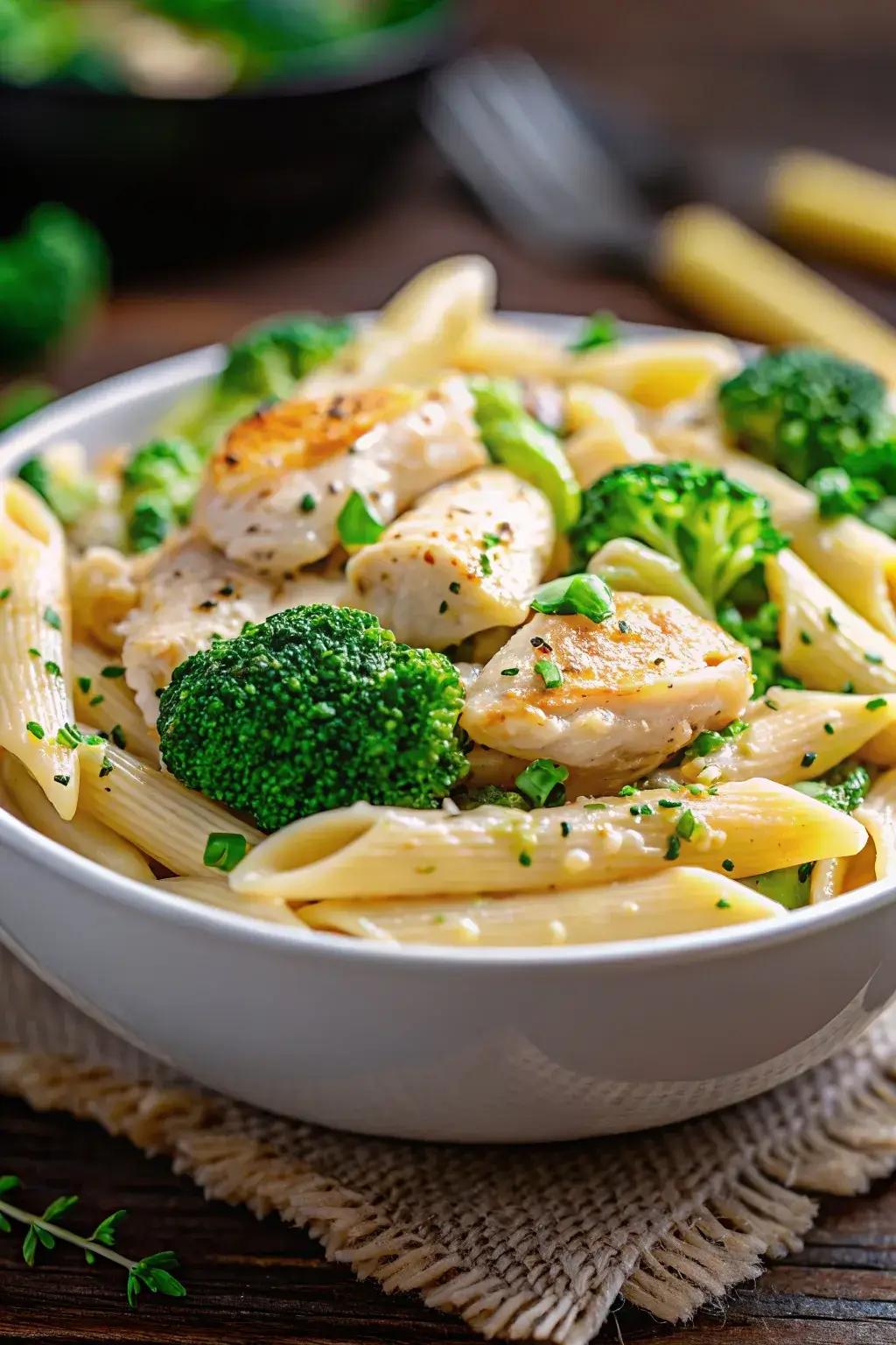 Creamy-Broccoli-and-Chicken-Penne-pin01 Bowl of Creamy Broccoli and Chicken penne with grilled chicken and broccoli, garnished with fresh herbs and black pepper.