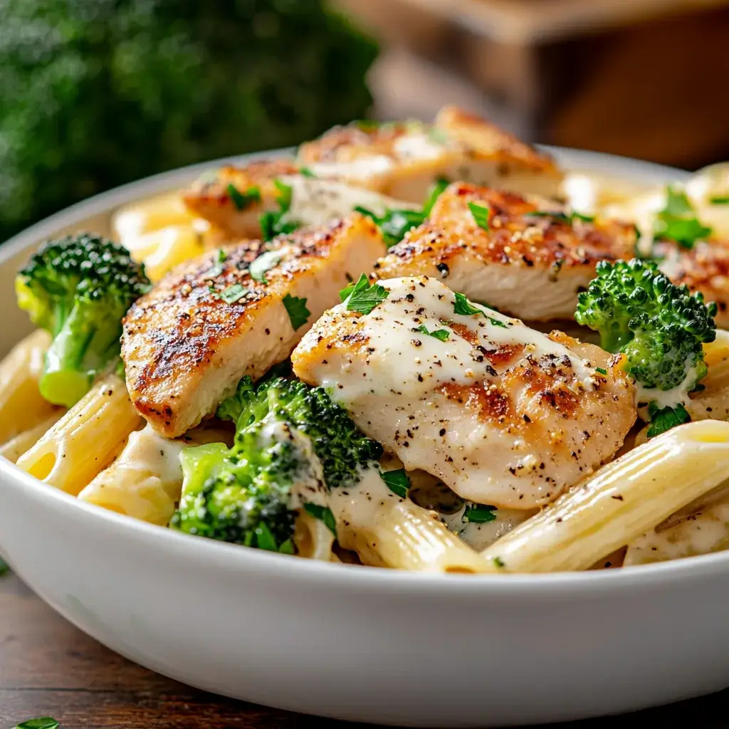Creamy Broccoli and Chicken Penne with tender grilled chicken and fresh broccoli, topped with a rich parmesan cream sauce.